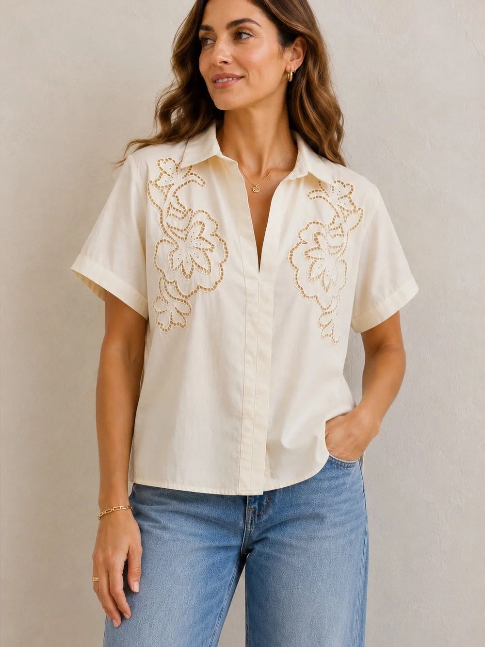 Future Collective Jenny K. Lopez Eyelet Floral Cotton Blouse Cream Size XXL